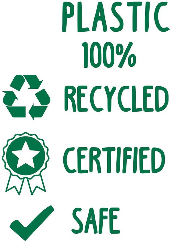 Groene tekst met recycle-icoon, zegel en vinkje: 'PLASTIC 100% RECYCLED CERTIFIED SAFE'.