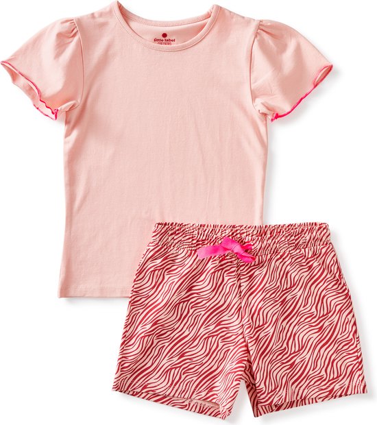 Little Label Pyjama Meisjes Maat 146-152/12Y - Fuchsia, roze - Zebra strepen - Shortama - Zachte BIO Katoen