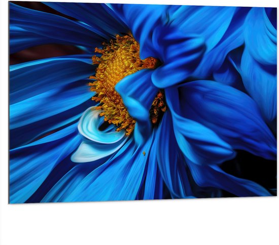 WallClassics - Dibond - Close-up van Felblauwe Bloem met Gele Binnenkant - 100x75 cm Foto op Aluminium (Wanddecoratie van metaal)