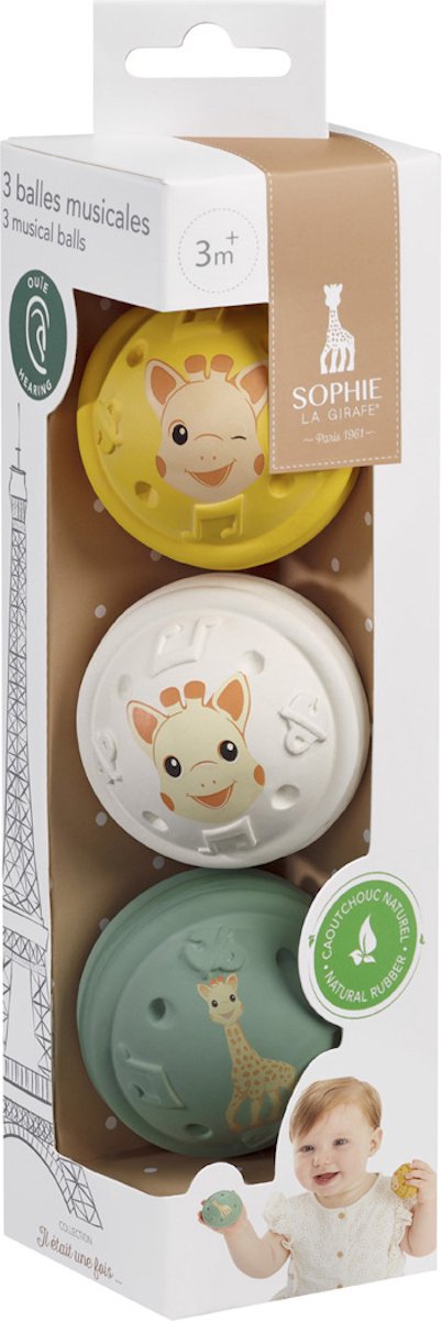 Sophie de giraf Muzikale Speelballen - 5-Senses Collectie - Speelgoedbal - Babyspeelgoed - 100% Natuurlijk rubber - OK-Biobased - Vanaf 3 maanden - Geel/Wit/Groen - 3 Stuks — afbeelding 11