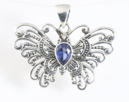 Zilveren vlinder hanger met blauwe saffier