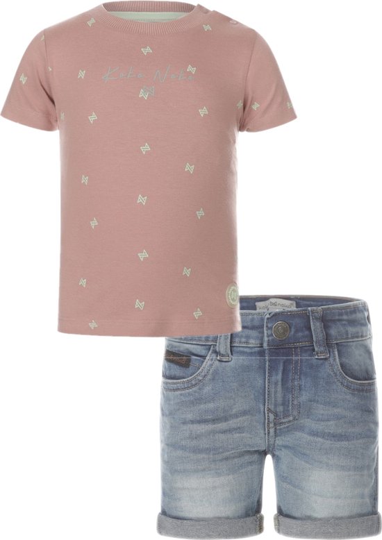 Koko Noko - Kledingset - Jongens - Short Blue Jeans - Shirt Light Mauve met figuurtjes - Maat 122