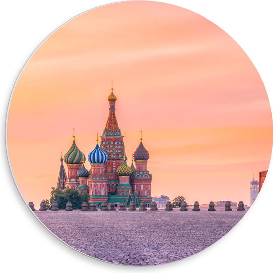 PVC Schuimplaat Muurcirkel - Kleurrijke Kathedralen op Rode Plein in Moskou, Rusland - 50x50 cm Foto op Muurcirkel (met ophangsysteem)