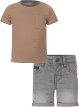 Koko Noko - Kledingset - Jongens - Short Grey Jeans - Shirt bruin met antraciet stippen en kraag - Maat 104