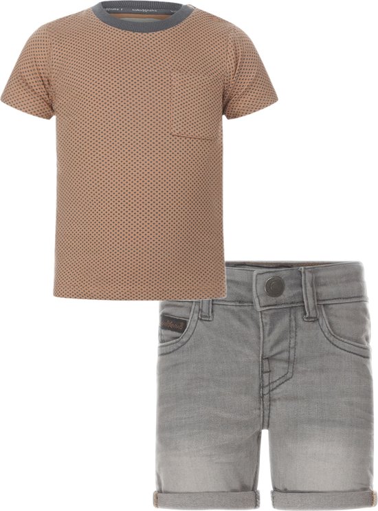 Koko Noko - Kledingset - Jongens - Short Grey Jeans - Shirt bruin met antraciet stippen en kraag - Maat 104