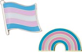 Pride Transgender Kledingspeld combi - Gay Pride - LGBTQ - Trans Pin Broche- Vlag + Regenboog 2 stuks