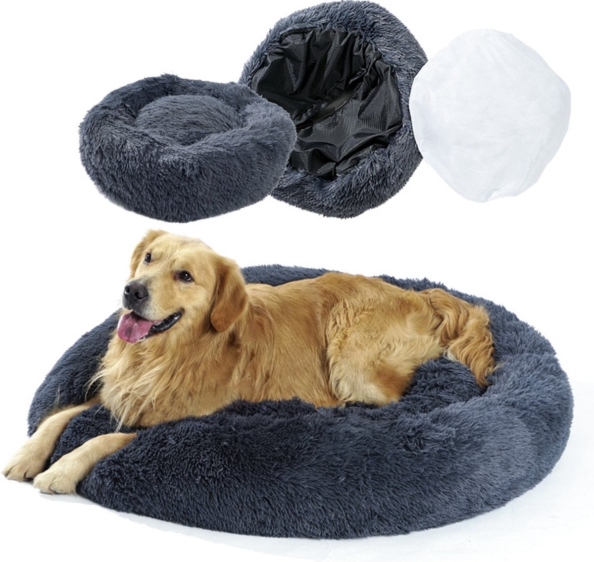 Edward&DeVries Hondenmand met Rits – 60cm – Hondenbed – Donut Dog Bed – Fluffy – Grijs – Wasbaar