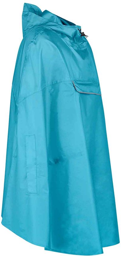 Blauwe fietsponcho met capuchon, opgestikte zakken en reflecterende bies.