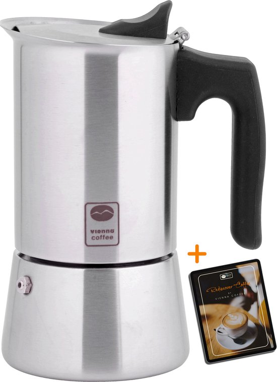 Vienna Coffee Percolator Inductie – 6 Kops – RVS – Moka Pot – Espresso Koffiemaker – Alle Warmtebronnen – incl. Rediscover Coffee E-boek