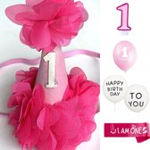 10-delige eerste verjaardag set I am One roze met wit - eerste - verjaardag - cakesmash - feestmutsje - sjerp - ballon - kaars - roze
