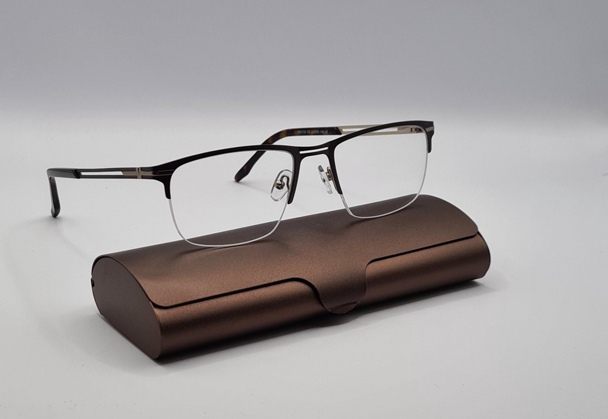 min-bril unisex -1.5, bruine halfbril van metalen frame / afstand bril met antireflecterende werking/ bril met brillenkoker en doekje / universeel brilmontuur heren dames / XE 2133 C2 / lunette pour ordinateur -1,5 / Aland optiek