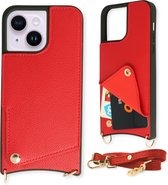 Casemania Hoesje Geschikt voor Apple iPhone 14 Plus Rood - Back Cover met Bandje - Pasjeshouder & Koord