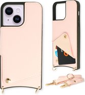 Casemania Hoesje Geschikt voor Apple iPhone 14 Plus Roze - Back Cover met Bandje - Pasjeshouder & Koord