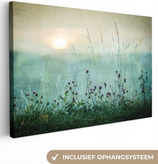 Canvas schilderij - Natuur - Vintage - Bloemen - Zon - Foto op canvas - 120x80 cm - Canvas doek - Woonkamer decoratie