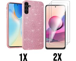 Casemania Hoesje Geschikt voor Samsung Galaxy A54 5G - Roze + 2X Glazen Screenprotector - Glitter Back Cover