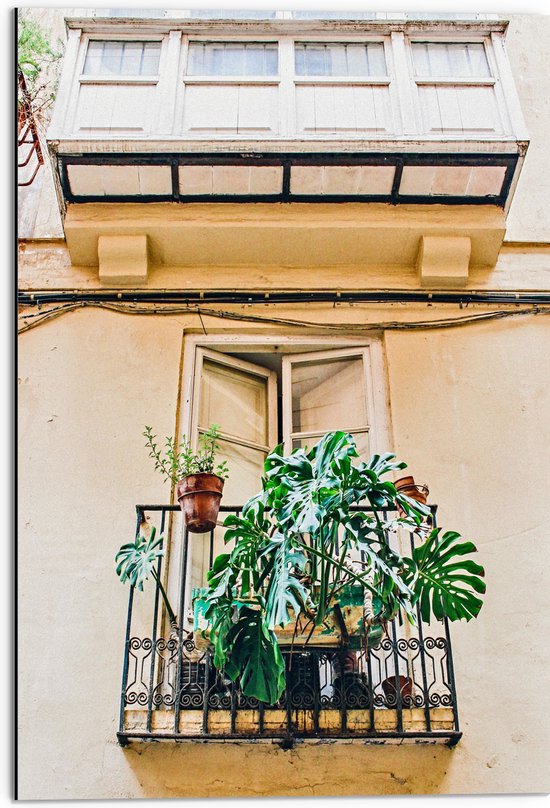 Dibond - Balkon met Groene Planten - 50x75 cm Foto op Aluminium (Wanddecoratie van metaal)