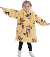 Katten & honden fleece hoodie deken met mouwen - fleece poncho voor kinderen – fleece plaid met mouwen - kids 3/7 jaar – maat 98/128 – lengte 60 cm – warm & zacht – relax outfit kids– geel - Badrock