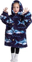 Haaien fleece hoodie deken met mouwen - fleece poncho voor kinderen – hoodie deken met mouwen - fleece plaid met mouwen - kids 3/7 jaar – maat 98/128 – lengte 60 cm – warm & zacht – relax outfit kids – zwart - Badrock