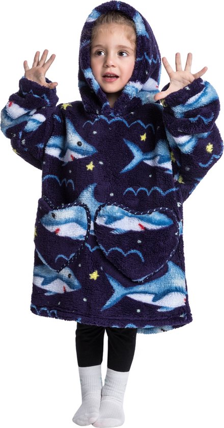 Haai deken kind met capuchon - fleece poncho-98 t/m 128 (ca.3-7 jaar)
