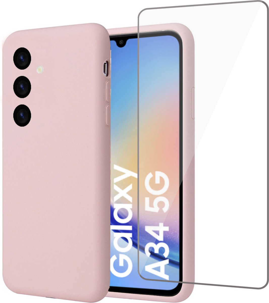 Geschikt voor Samsung A34 Hoesje + Screenprotector – Gehard Glas Cover - Suède Case Rose