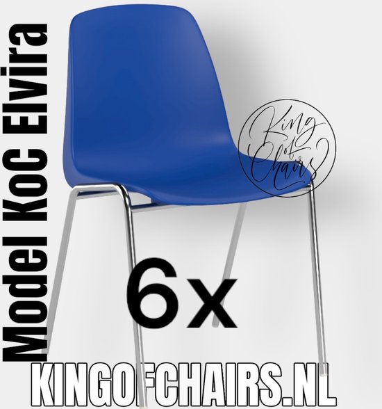 King of Chairs -set van 6- model KoC Elvira blauw met verchroomd onderstel. Kantinestoel stapelstoel kuipstoel vergaderstoel tuinstoel kantine stapel stoel kantinestoelen stapelstoelen kuipstoelen arenastoel kerkstoel schoolstoel bezoekersstoel