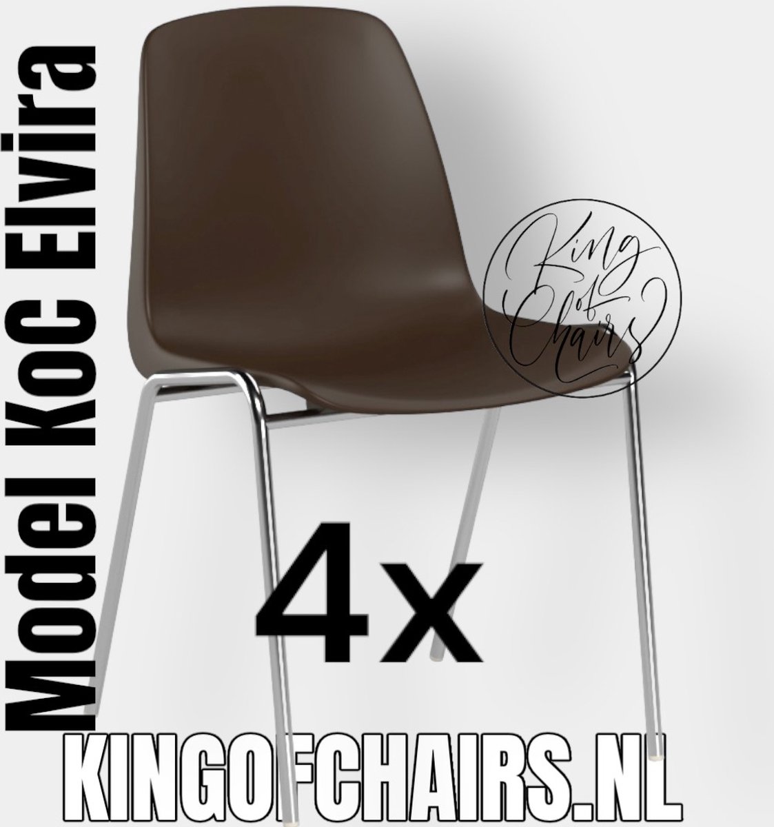 King of Chairs set van 4- model KoC Elvira bruin met verchroomd onderstel. Kantinestoel stapelstoel kuipstoel vergaderstoel tuinstoel kantine stoel stapel kantinestoelen stapelstoelen kuipstoelen stapelbare keukenstoel Helene eetkamerstoel