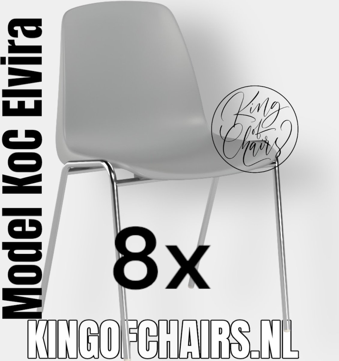 King of Chairs -set van 8- model KoC Elvira lichtgrijs met verchroomd onderstel. Kantinestoel stapelstoel kuipstoel vergaderstoel tuinstoel kantine stapel stoel kantinestoelen stapelstoelen kuipstoelen keukenstoel Helene schoolstoel eetkamerstoelen