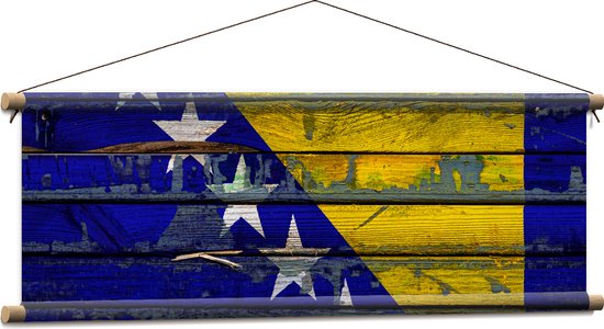 WallClassics - Textielposter - Vlag van Bosnië op Houten Planken - 90x30 cm Foto op Textiel
