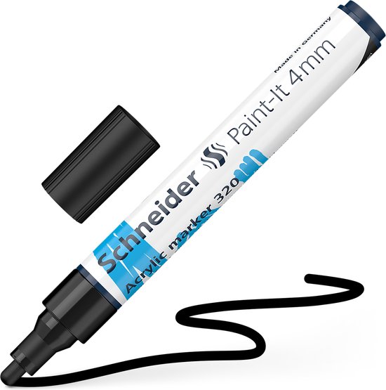 Marqueur acrylique noir Schneider Paint-It 4mm avec capuchon à côté et ligne sinueuse.