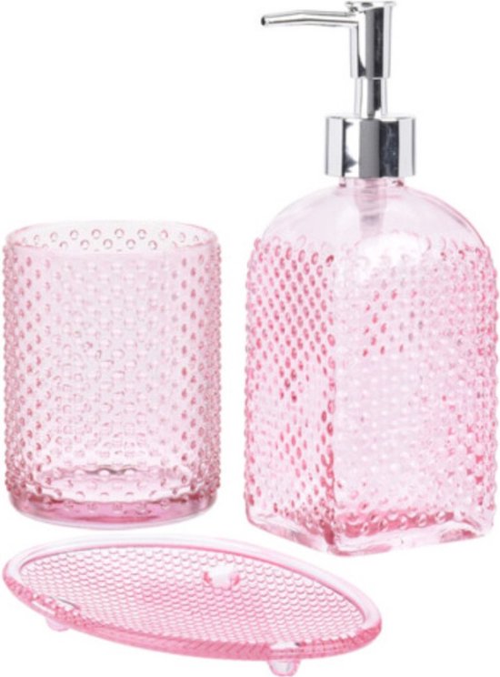 schapen Spanje vinger Badkamerset 3-delig transparant roze van glas - Toilet/badkamer accessoires  -... | bol.com