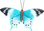 Tuindecoratie vlinder van metaal turquoise blauw/zwart 37 cm - Metalen schutting decoratie vlinders - Dierenbeelden tuindecoratie