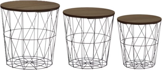 Set van 3x bijzettafels rond metaal/hout zwart/donker hout 30/35/40 cm - Home Deco meubels en tafels