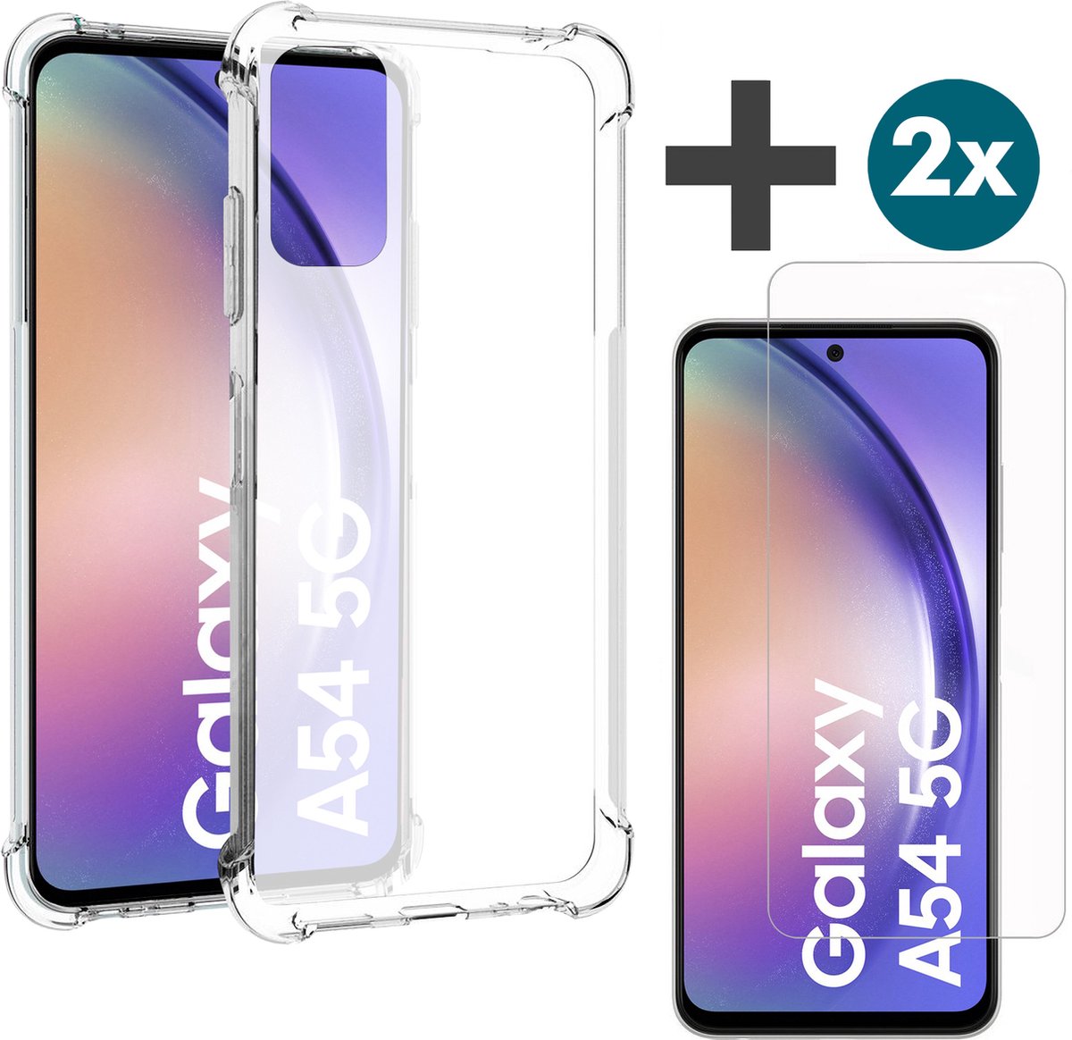 Arara Hoesje geschikt voor Samsung Galaxy A54 transparant siliconen hoesje - backcover met verstevigde hoeken - Inclusief 2 Stuks Screenprotector - tempered glass
