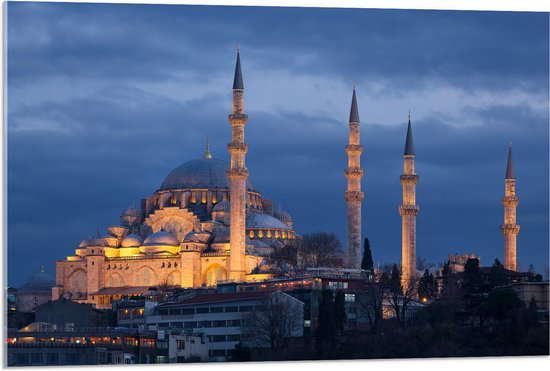 WallClassics - Acrylglas - Zijaanzicht van Süleymaniye Moskee in de Nacht in Istanbul, Turkije - 90x60 cm Foto op Acrylglas (Wanddecoratie op Acrylaat)