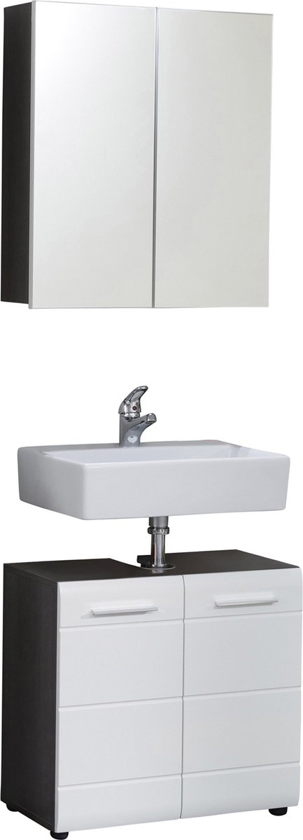 Trendteam Smart Living Badkamer 2-delige set Combinatie Line, 60 x 182 x 31 cm Voorkant Wit Hoogglans, Corpus Sardegna rookzilver met Opbergruimte en Legplank