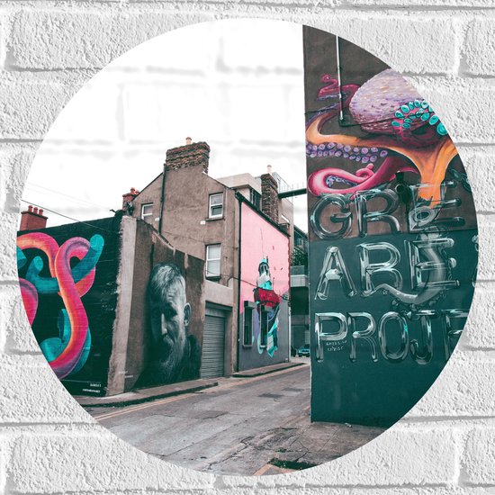 Muursticker Cirkel - Straat vol met Graffiti - 50x50 cm Foto op Muursticker
