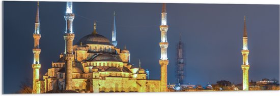 WallClassics - Acrylglas - Sultan AhmetMoskee in de Nacht in Istanbul, Turkije - 120x40 cm Foto op Acrylglas (Met Ophangsysteem)