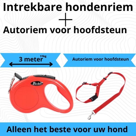 Hondenriem rollijn hond 3 meter autogordel voor hoofdsteun kleur Rood