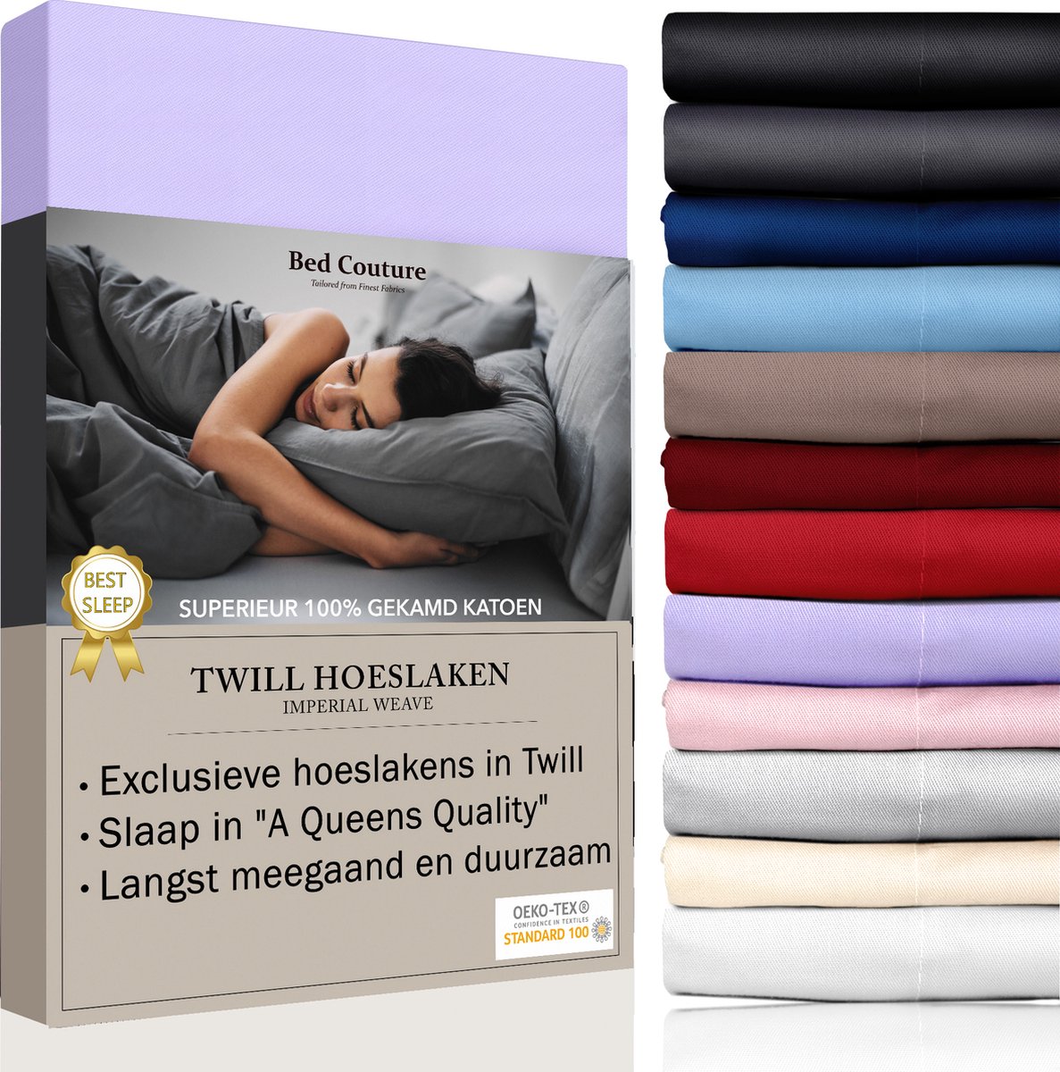 Bed Couture - Hoeslaken van 100% Katoen - Lits-Jumeaux 180x200cm - Hoekhoogte 30cm - Ultra Zacht en Duurzaam - Lavendel