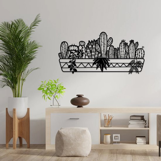 Prachtige metalen kunst cactus wanddecoratie met 3D effect! 70 x 35 cm Zwart