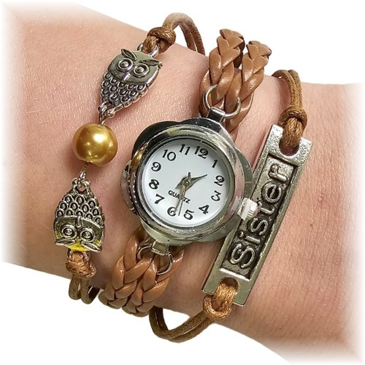 Fako® - Armband Horloge - Multi Uiltjes Sister - Bruin