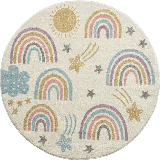 le tapis Beat Kids Tapis moderne doux pour enfants, poils doux, entretien facile, grand teint, motif arc-en-ciel, mélange de crème, rond de 120 cm