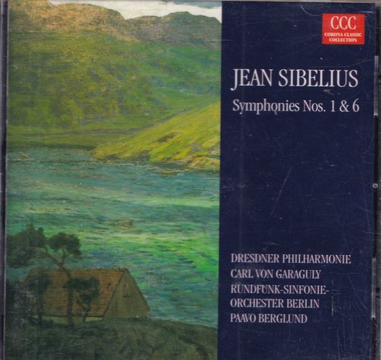 Cd-hoesje van Jean Sibelius Symfonieën 1 & 6 met een schilderij van een landschap en een hut.