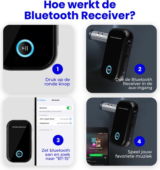 DirectGoods® Bluetooth Receiver - 3.5MM AUX - Bluetooth Ontvanger - Handsfree Bellen - Bluetooth Audio Receiver - Bluetooth Auto via AUX - Incl. Aux Kabel