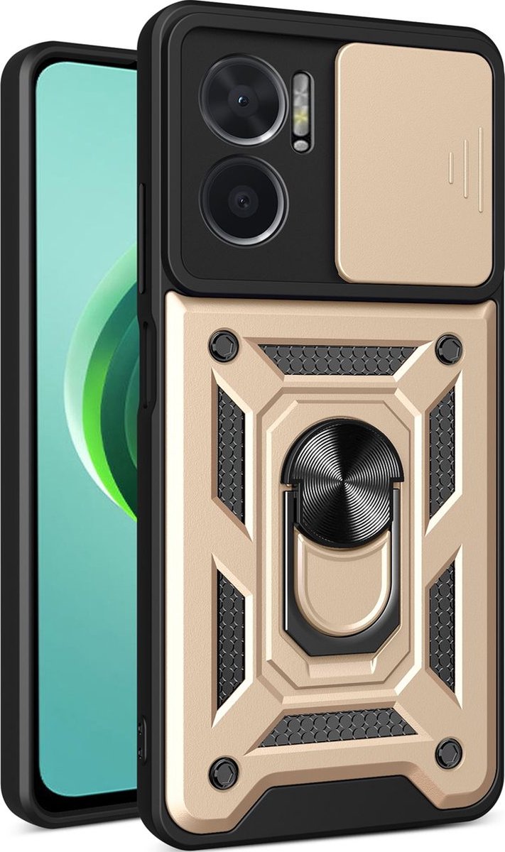 Mobigear Hoesje geschikt voor Xiaomi Redmi 10 5G Telefoonhoesje Hardcase | Mobigear Armor Ring Cam Slide Backcover Shockproof met Ringhouder en Camera Slider | Schokbestendig Redmi 10 5G Telefoonhoesje | Anti Shock Proof - Goud