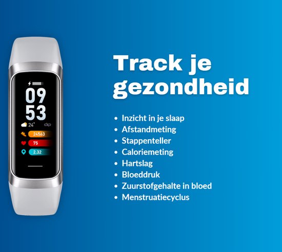 Grijze activity tracker met display dat tijd, temperatuur en hartslag toont. Track je gezondheid: slaap, stappen, calorieën.