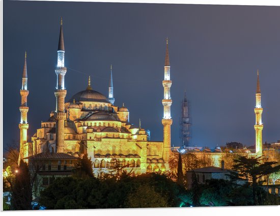 WallClassics - Panneau en mousse PVC – Mosquée Sultan Ahmet la nuit à Istanbul, Turquie – Photo 80 x 60 cm sur panneau en mousse PVC (avec système de suspension)