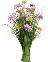 Everlands Kunstgras boeket bloemen - anjers - lila paars - geel - H70 cm