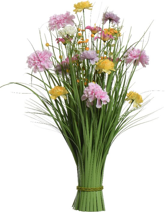 Everlands Kunstgras boeket bloemen - anjers - lila paars - geel - H70 cm