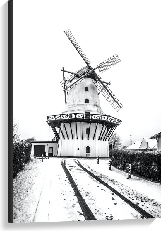 Canvas - Windmolen in de Sneeuw in het Zwart Wit - 60x90 cm Foto op Canvas Schilderij (Wanddecoratie op Canvas)